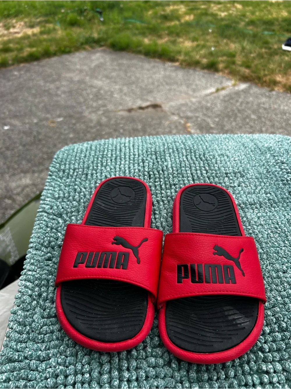 Puma Red and Black Kids Slide Sandals with Logo Strap Size 1C